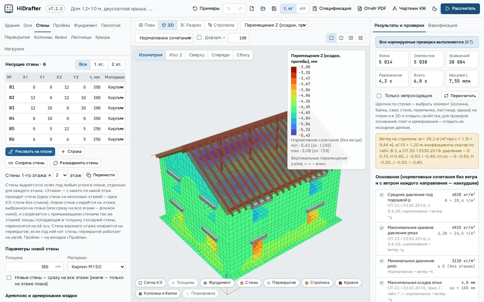Изополя вертикальных перемещений дома с двускатной крышей
